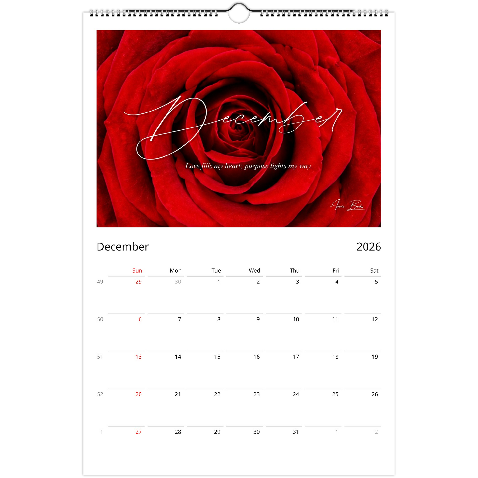 Red rose academic-year monthly calendar page