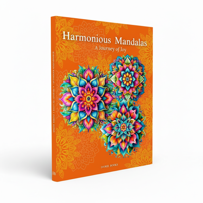 Harmonious Mandalas: Joy book cover by Ivorie Books, reflective coloring book for creativity, joy, optimism, SEL, and personal growth.
