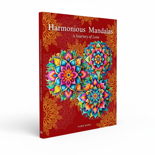 Front-facing preview of Harmonious Mandalas: A Journey of Love, a creative coloring book by Ivorie Books designed for reflection, relaxation, optimism, and personal growth.