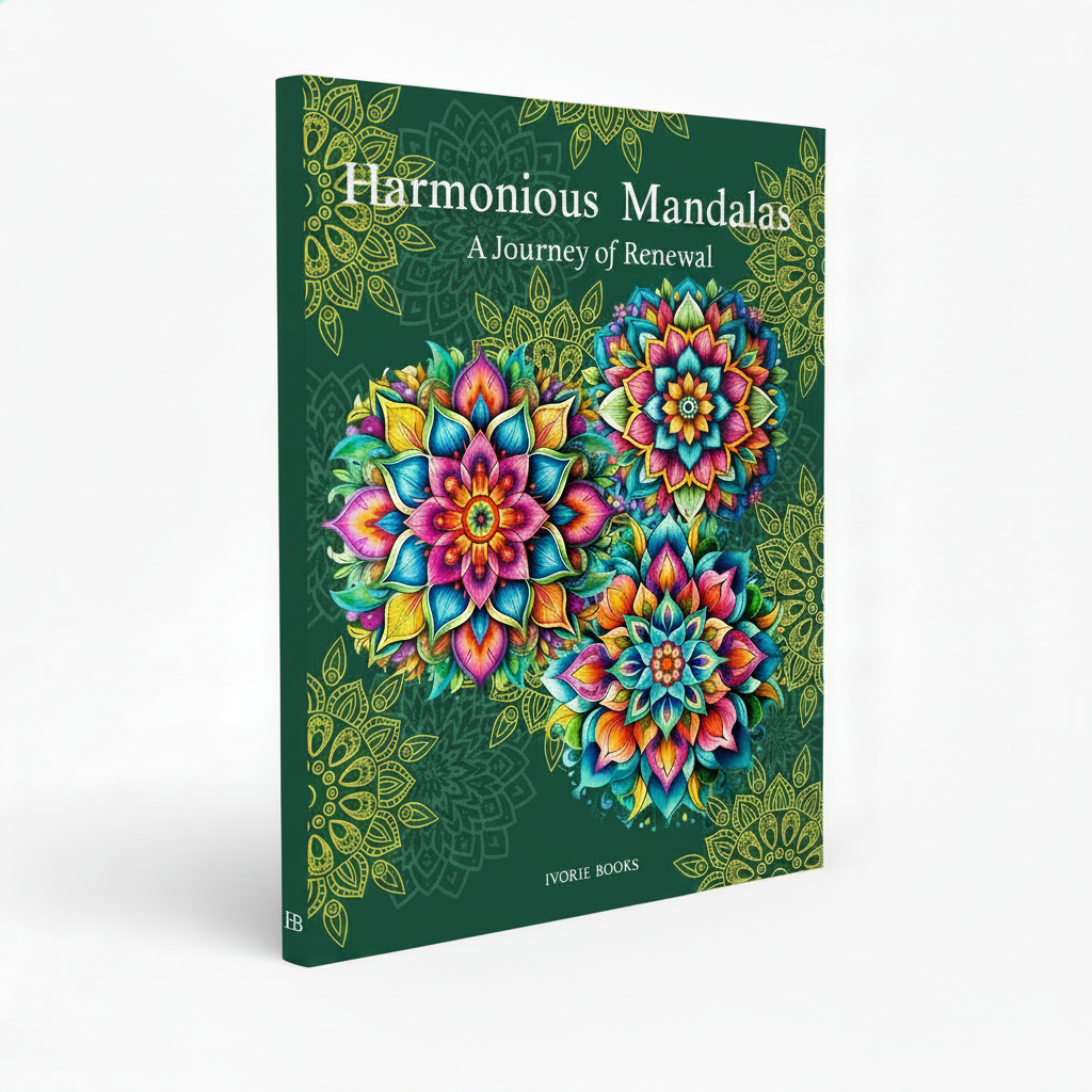 Harmonious Mandalas: Renewal book cover by Ivorie Books, reflective coloring book for creativity, renewal, optimism, SEL, and personal growth.