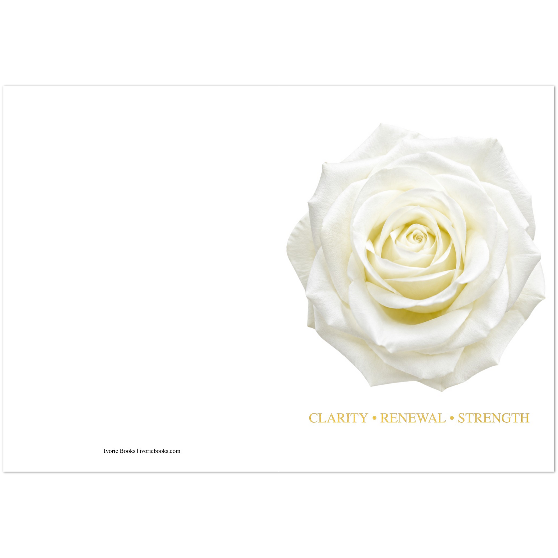 White rose greeting card with clarity renewal and strength message.,.