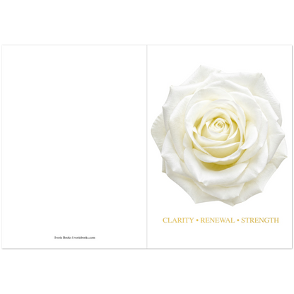 White rose greeting card with clarity renewal and strength message.,.
